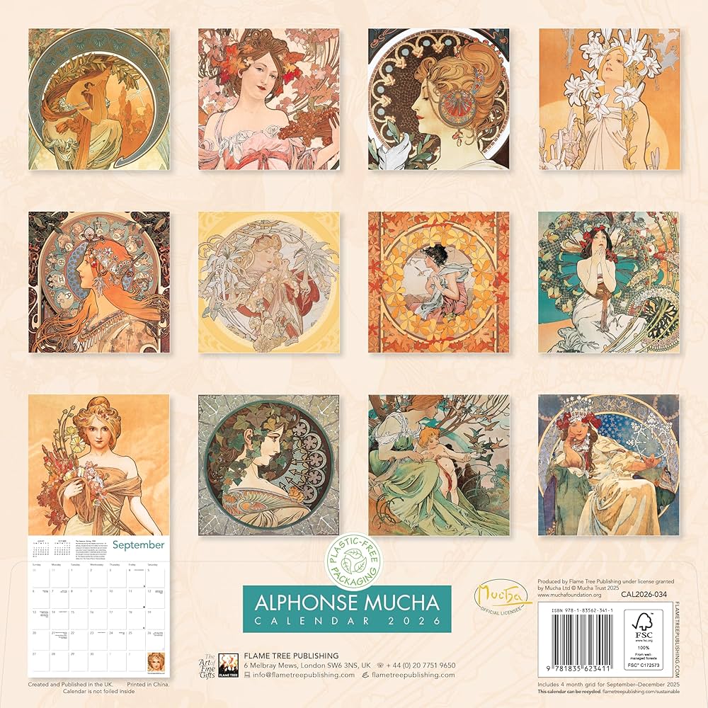 Alphonse Mucha Wall Calendar 2026 (Art Calendar): Flame Tree